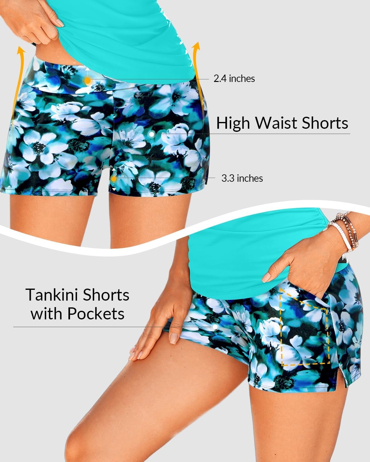 Tankini with Shorts – Tummy Control Two Piece Swimsuit with Pockets | Tummy control smooths your silhouette. Side pockets keep essentials handy. High-waist boy shorts provide full coverage.(Aqua Floral)