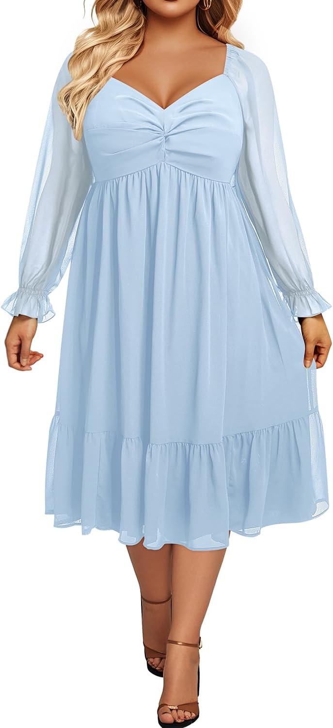 Talisea Plus Size Dresses Sweetheart Neckline Long Sleeves Chiffon Party Cocktail A Line Curvy Womens Midi Dress(Light Blue)