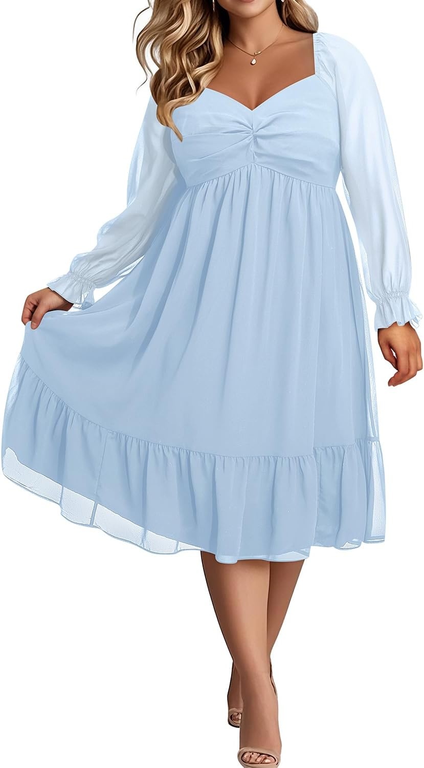 Talisea Plus Size Dresses Sweetheart Neckline Long Sleeves Chiffon Party Cocktail A Line Curvy Womens Midi Dress(Light Blue)