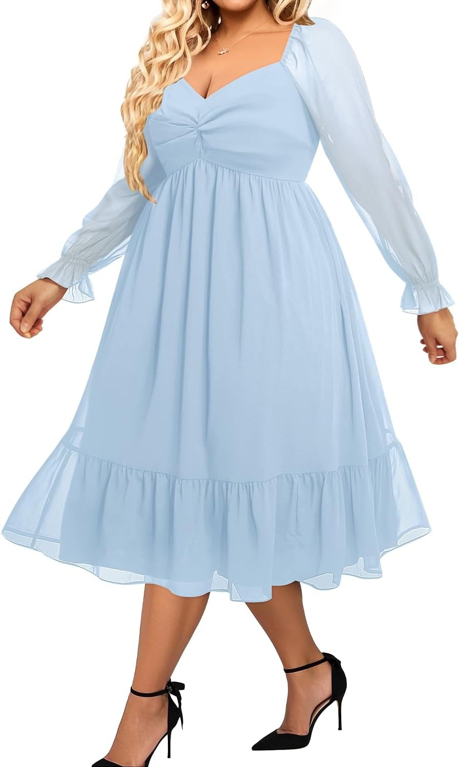 Talisea Plus Size Dresses Sweetheart Neckline Long Sleeves Chiffon Party Cocktail A Line Curvy Womens Midi Dress(Light Blue)