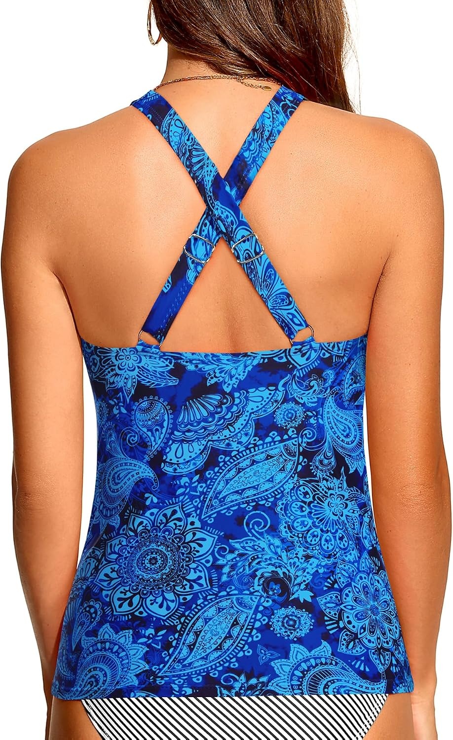 Tummy Control Tankini Top Only – Women Twist V Neck Swim Tops Criss Cross Swimsuit Bathing Suit Top 2025(Blue Paisley)
