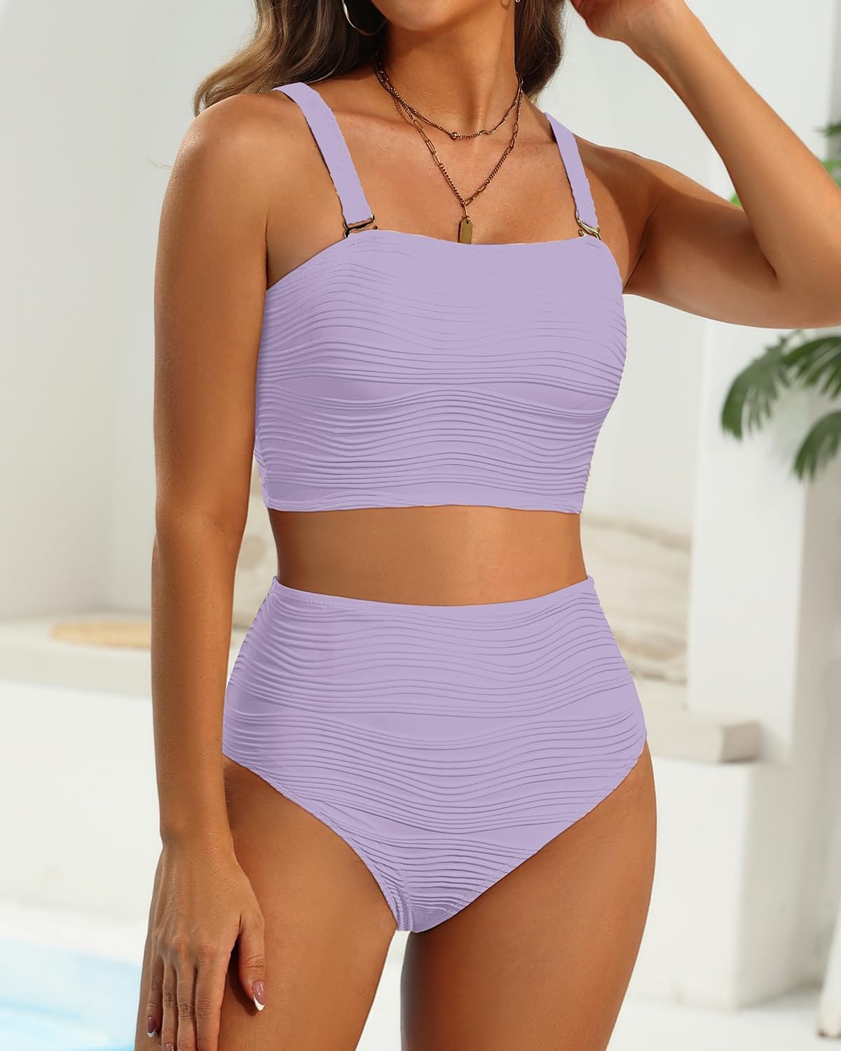 High Waisted Bandeau Bikini Set – Women Strapless Two Piece Swimsuits Ribbed Longline Full Coverage Bathing Suits Swimwear(Purple)