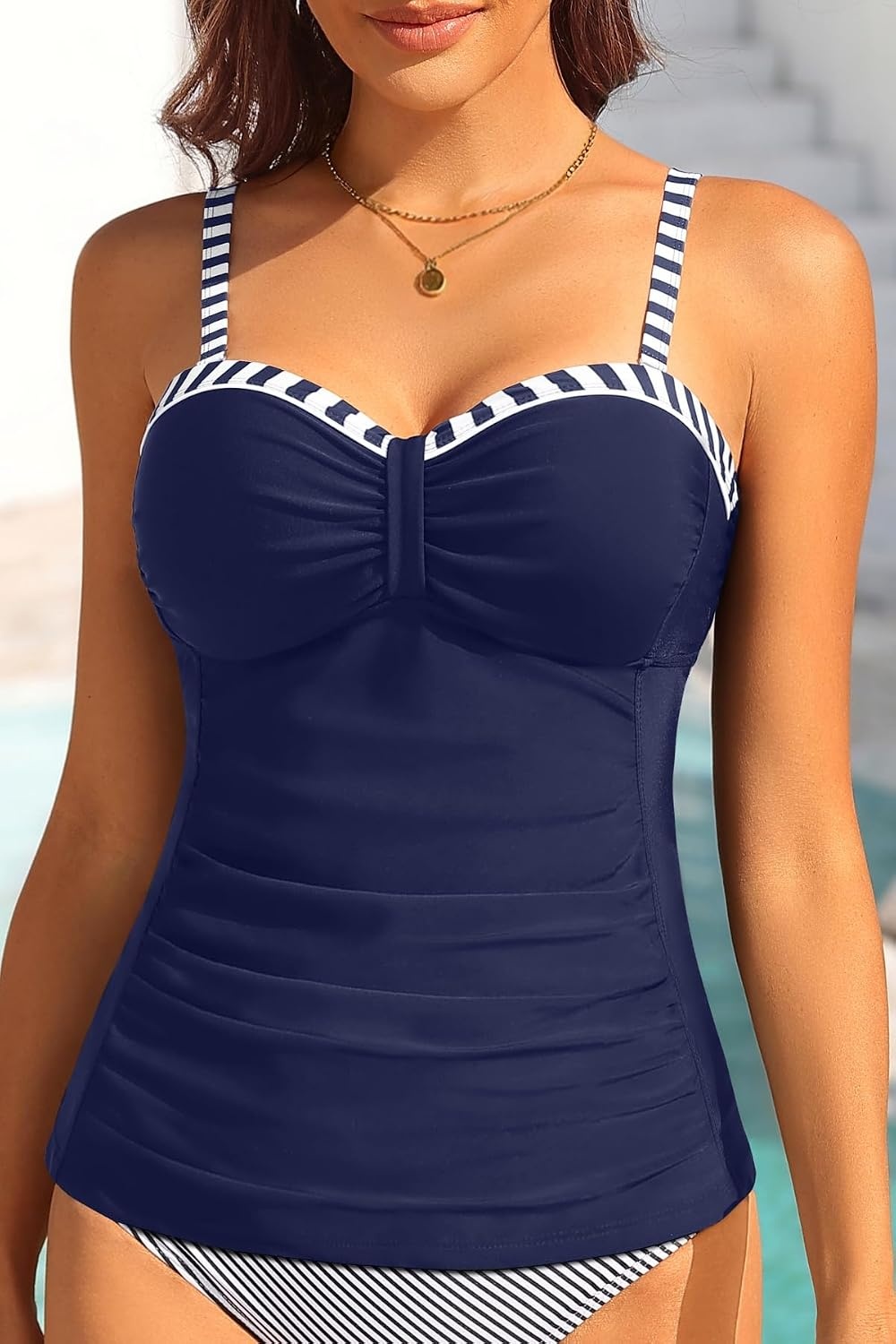 Talisea Women’s Underwire Tummy Control Swimsuit Top with Push Up – No Bottom Included(Navy Blue White Stripes)