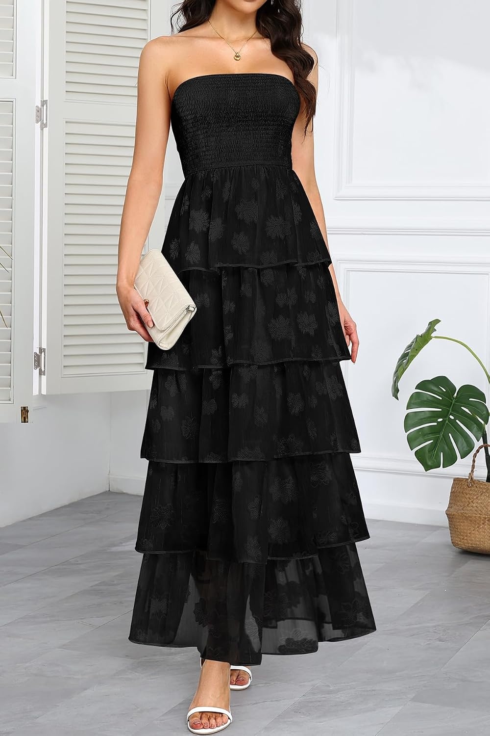 Talisea Wedding Guest Dress Jacquard Strapless Smocked Tiered Maxi Dress(Black)
