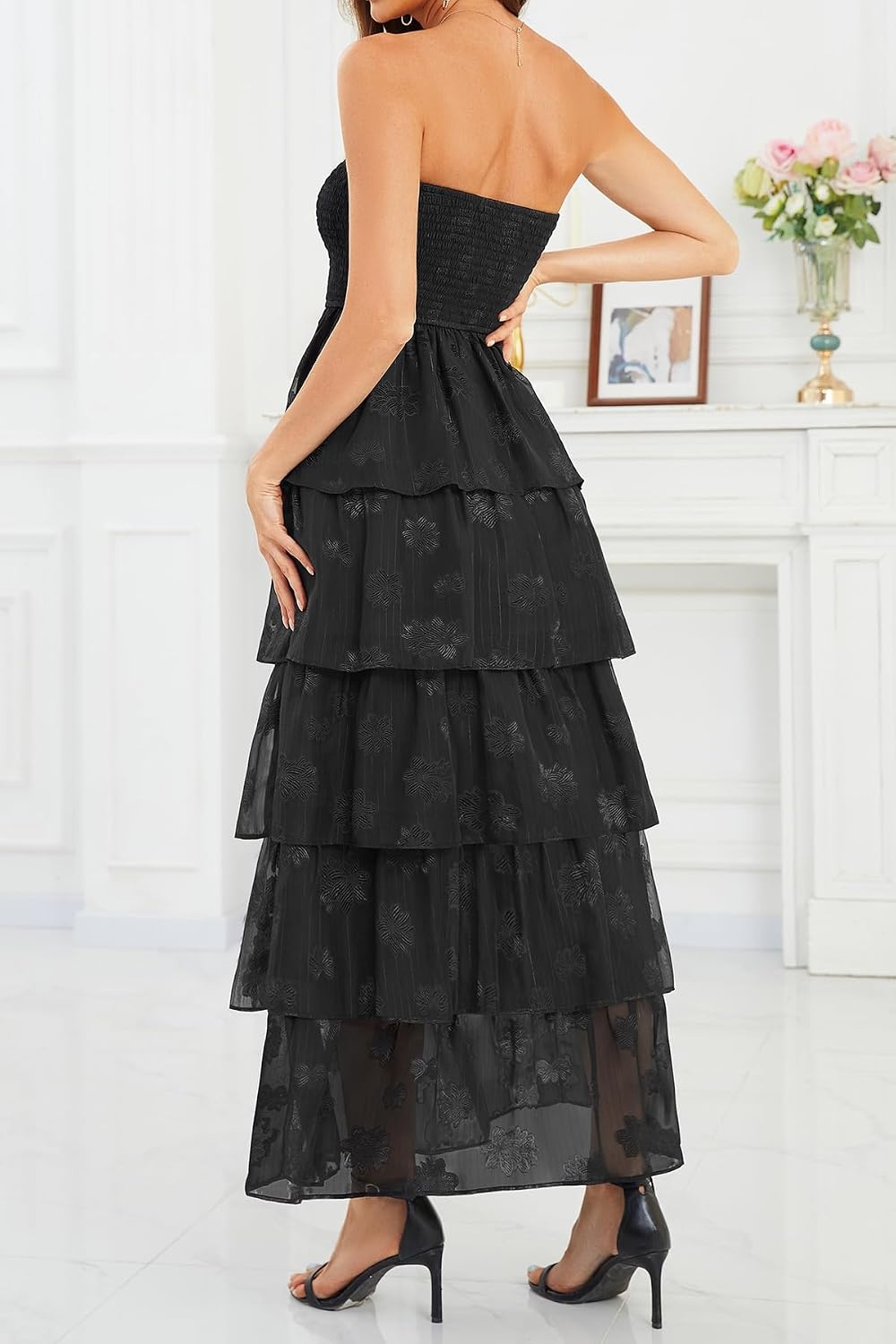 Talisea Wedding Guest Dress Jacquard Strapless Smocked Tiered Maxi Dress(Black)