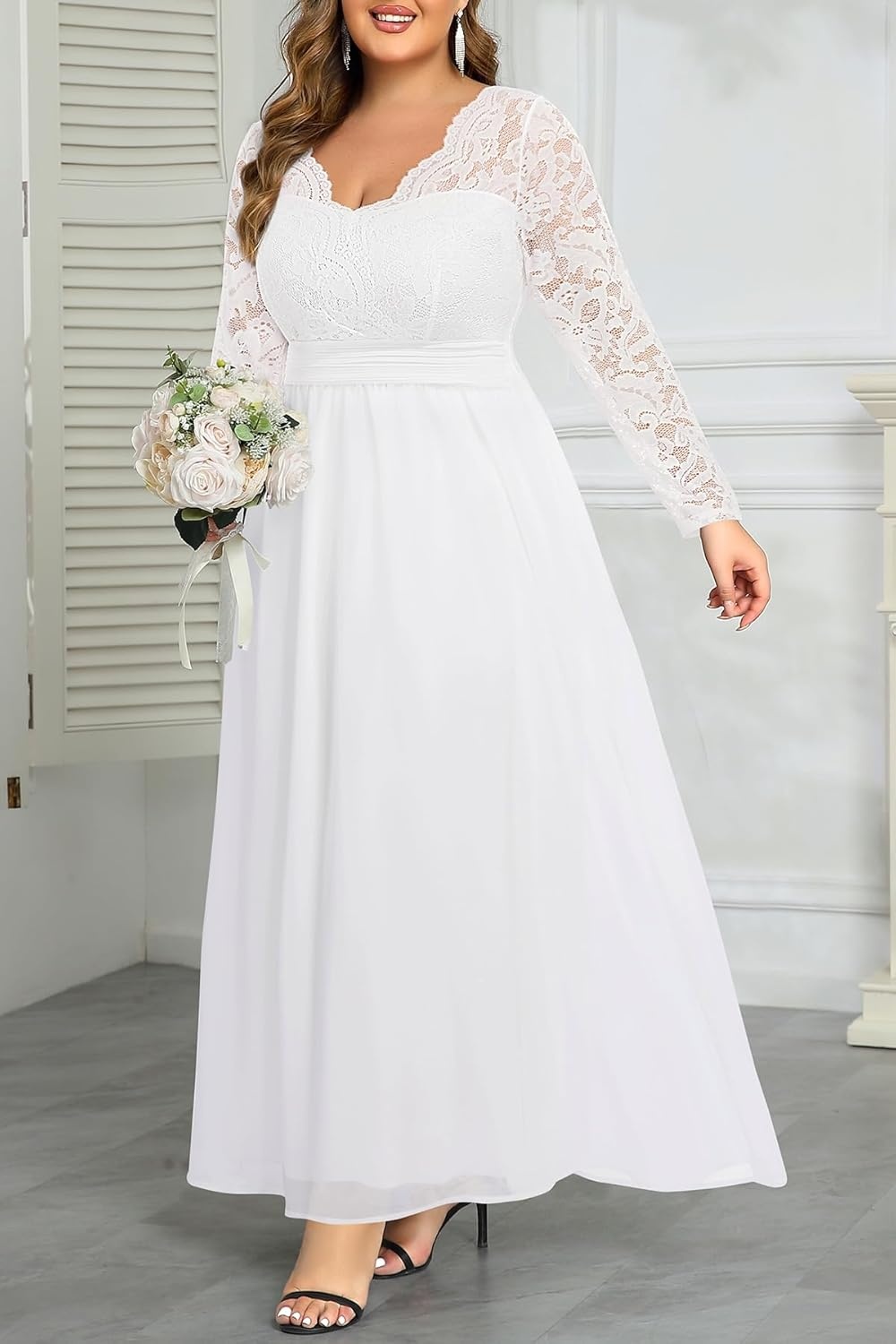 Talisea Plus Size Formal Wedding Dresses – Gowns Evening Prom Elegant V Neck Long Sleeve Lace Chiffon Long Maxi Dress(White-1)