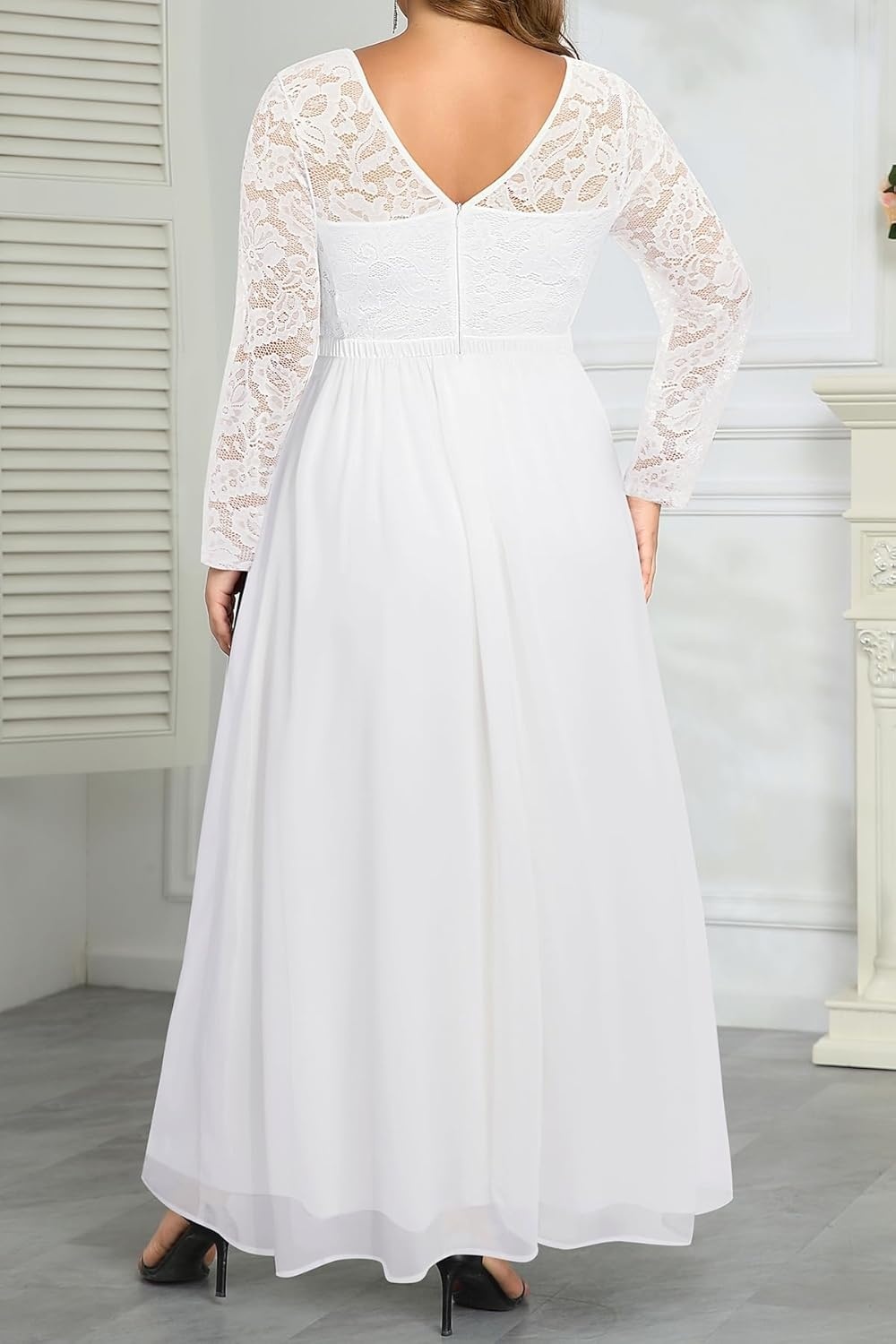 Talisea Plus Size Formal Wedding Dresses – Gowns Evening Prom Elegant V Neck Long Sleeve Lace Chiffon Long Maxi Dress(White-1)