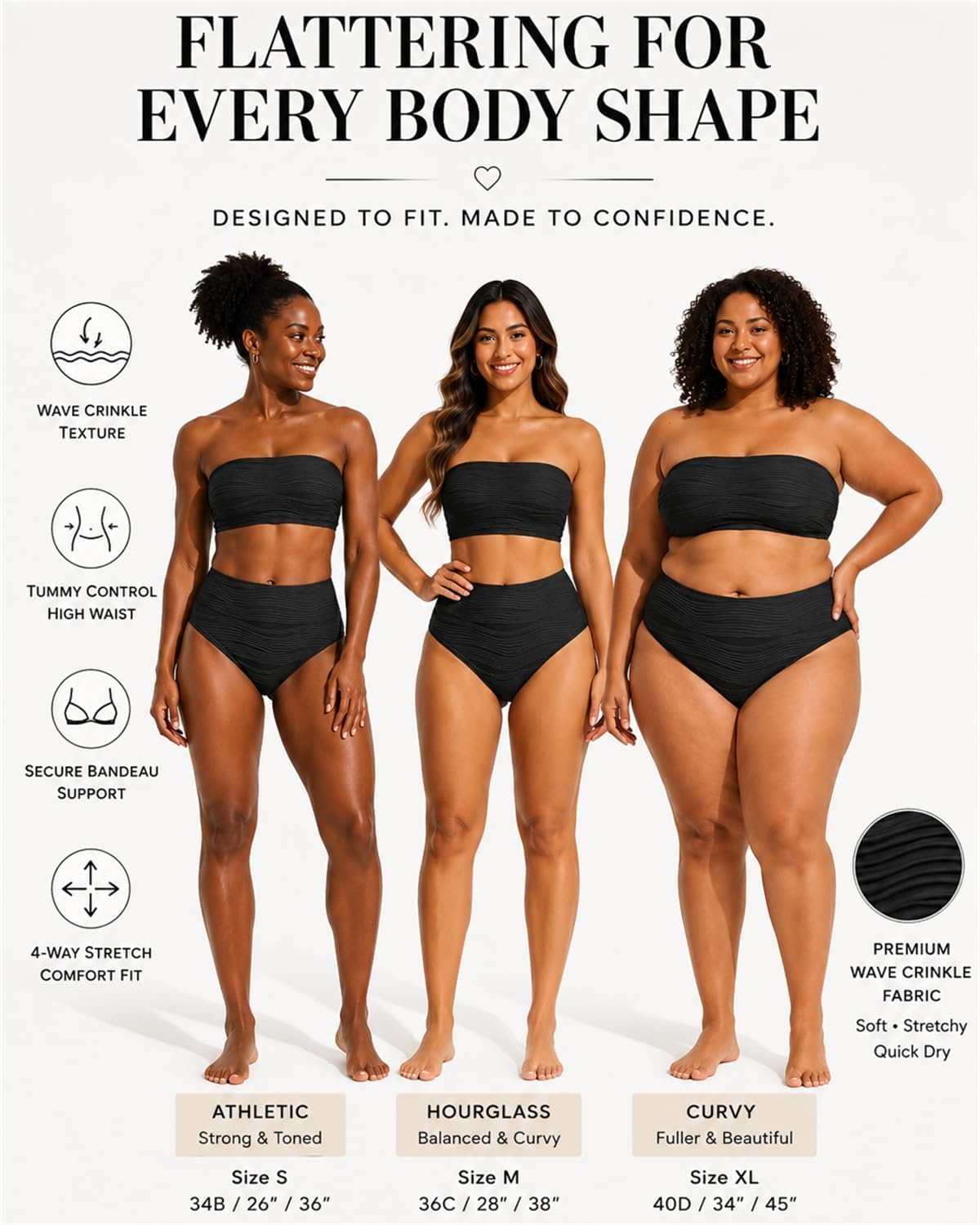 High Waisted Bandeau Bikini Set – Ribbed Strapless Two Piece Swimsuit | Secure bandeau top with straps. High waist bottom for comfortable coverage. Full coverage back for confident wear.(Black)