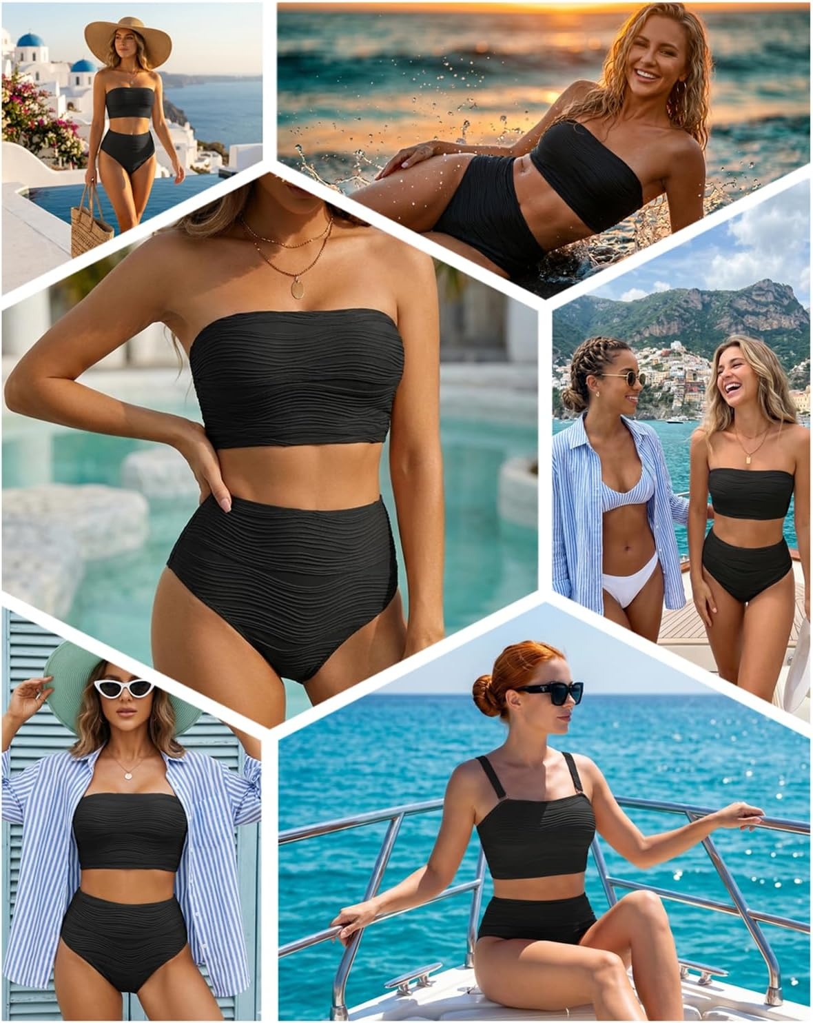 High Waisted Bandeau Bikini Set – Ribbed Strapless Two Piece Swimsuit | Secure bandeau top with straps. High waist bottom for comfortable coverage. Full coverage back for confident wear.(Black)