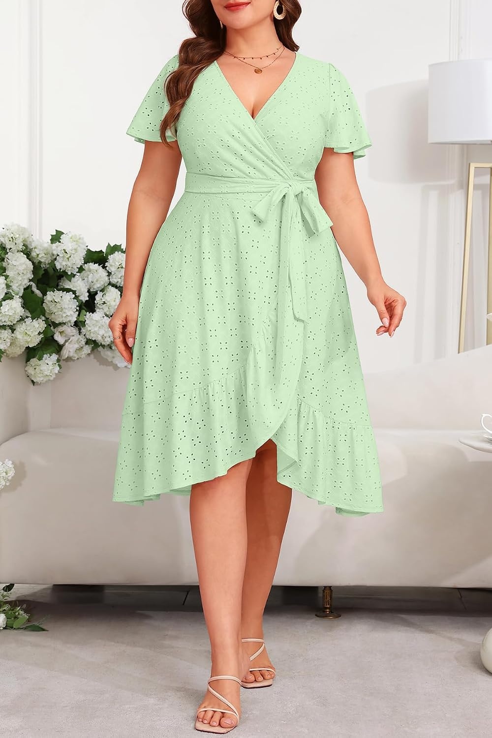 Plus Size Summer Dress – Casual Midi Eyelet V Neck A Line Dress for Women | Plus size casual dress, breathable eyelet material, short sleeve wrap V-neck with belt and A-line style for curvy women.(Sage Green)