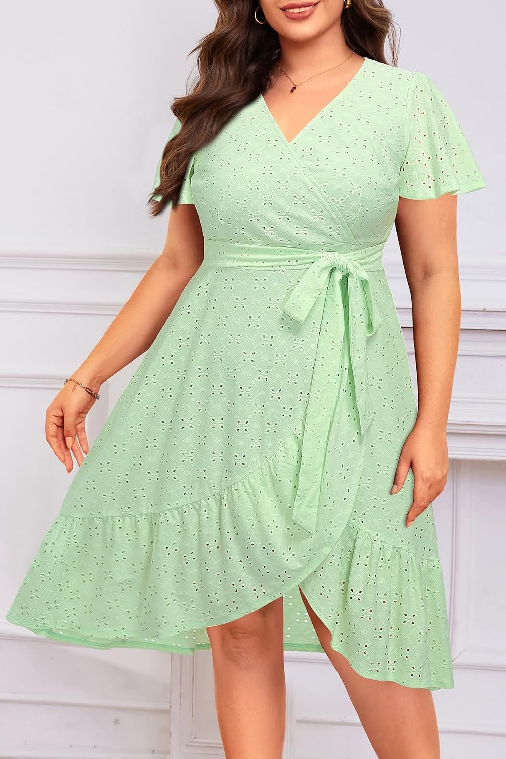 Plus Size Summer Dress – Casual Midi Eyelet V Neck A Line Dress for Women | Plus size casual dress, breathable eyelet material, short sleeve wrap V-neck with belt and A-line style for curvy women.(Sage Green)