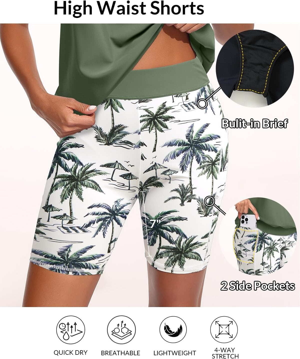 Talisea Womens Tankini with Shorts – Two Piece Swimsuit with 2 Pockets 7″ Long Boy-Leg Shorts Blouson Athletic Bathing Suit(Green Palm Tree)
