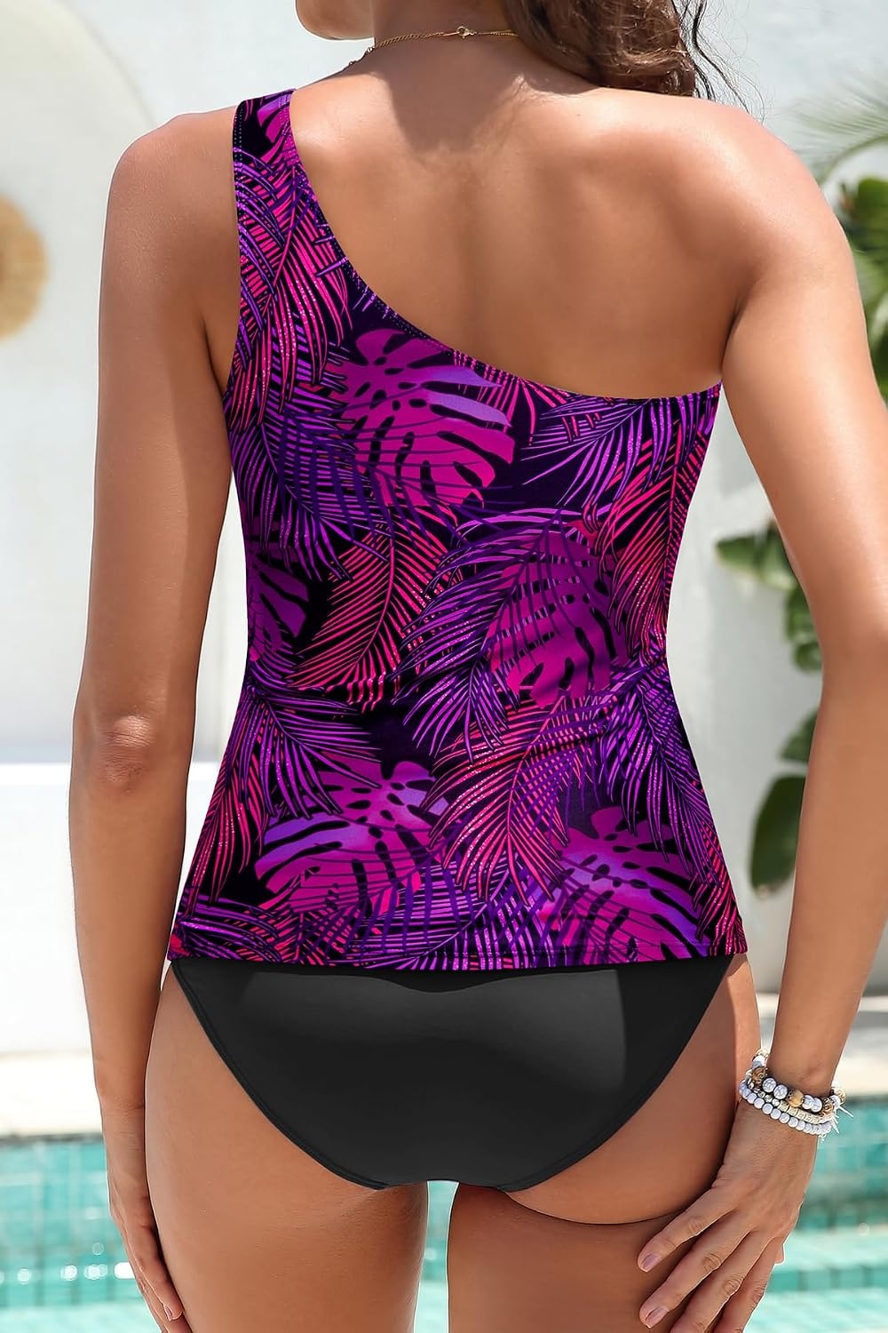 Talisea Two Piece Tankini Bathing Suit One Shoulder Swimsuit for Women Tummy Control Swimwear(Purple Leaf)
