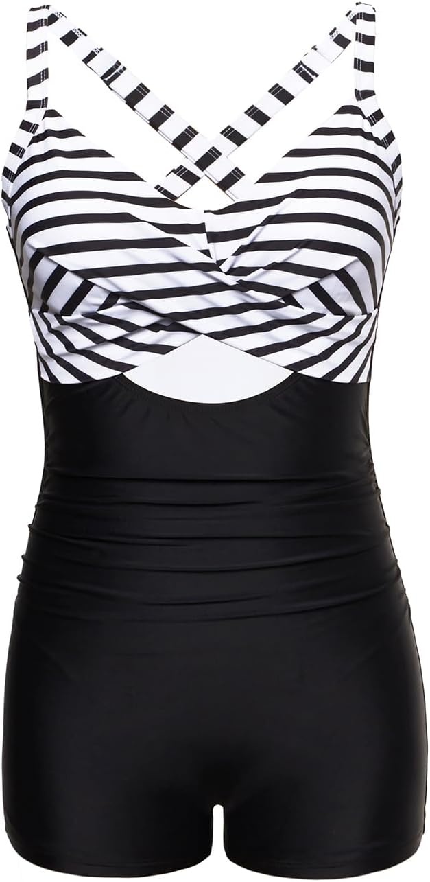Talisea Women’s One Piece Swimsuit with Shorts Boyshorts Boyleg 2025 Cutout Bathing Suit Criss Cross Swimwear(Stripe and Black)