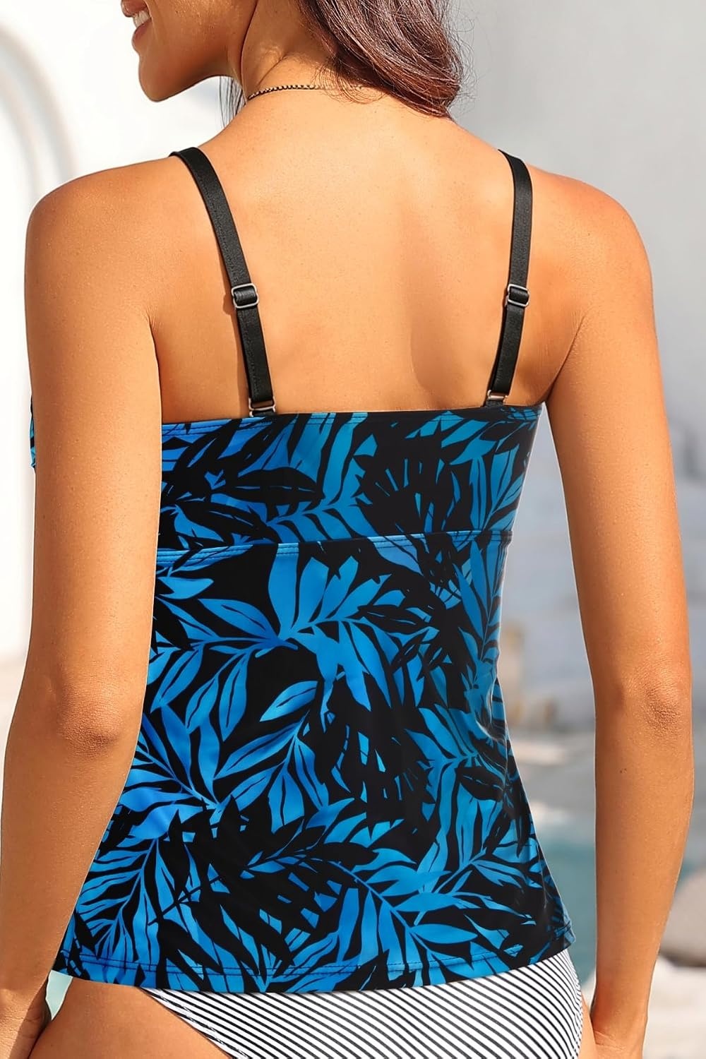 Women’s Underwire Tummy Control Swimsuit Top Push Up Bathing Suit Top(Blue Black Leaves)