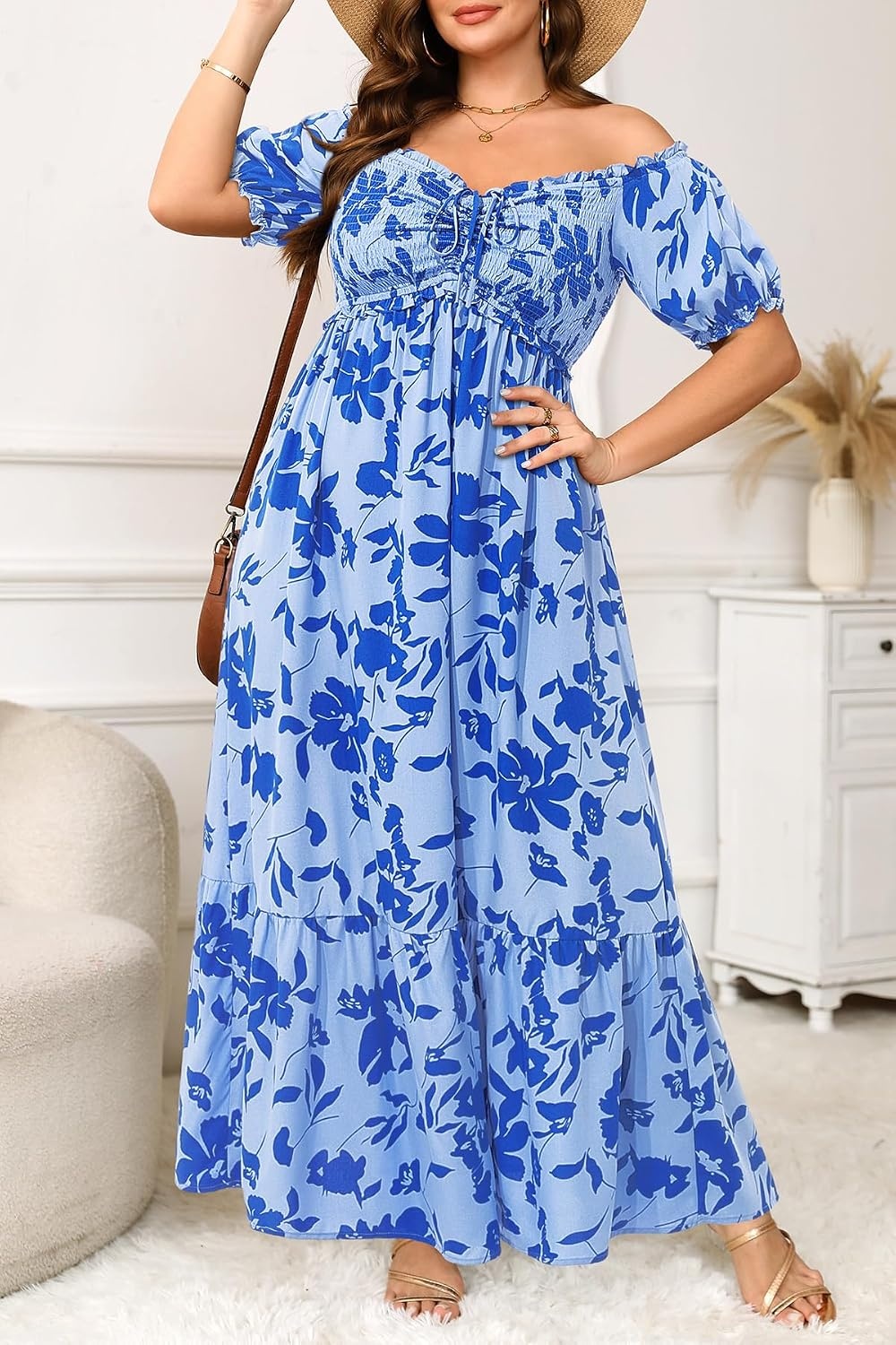 Plus Size Summer Dresses Off the Shoulder Boho Maxi A Line Long Dress Women(Blue Floral)