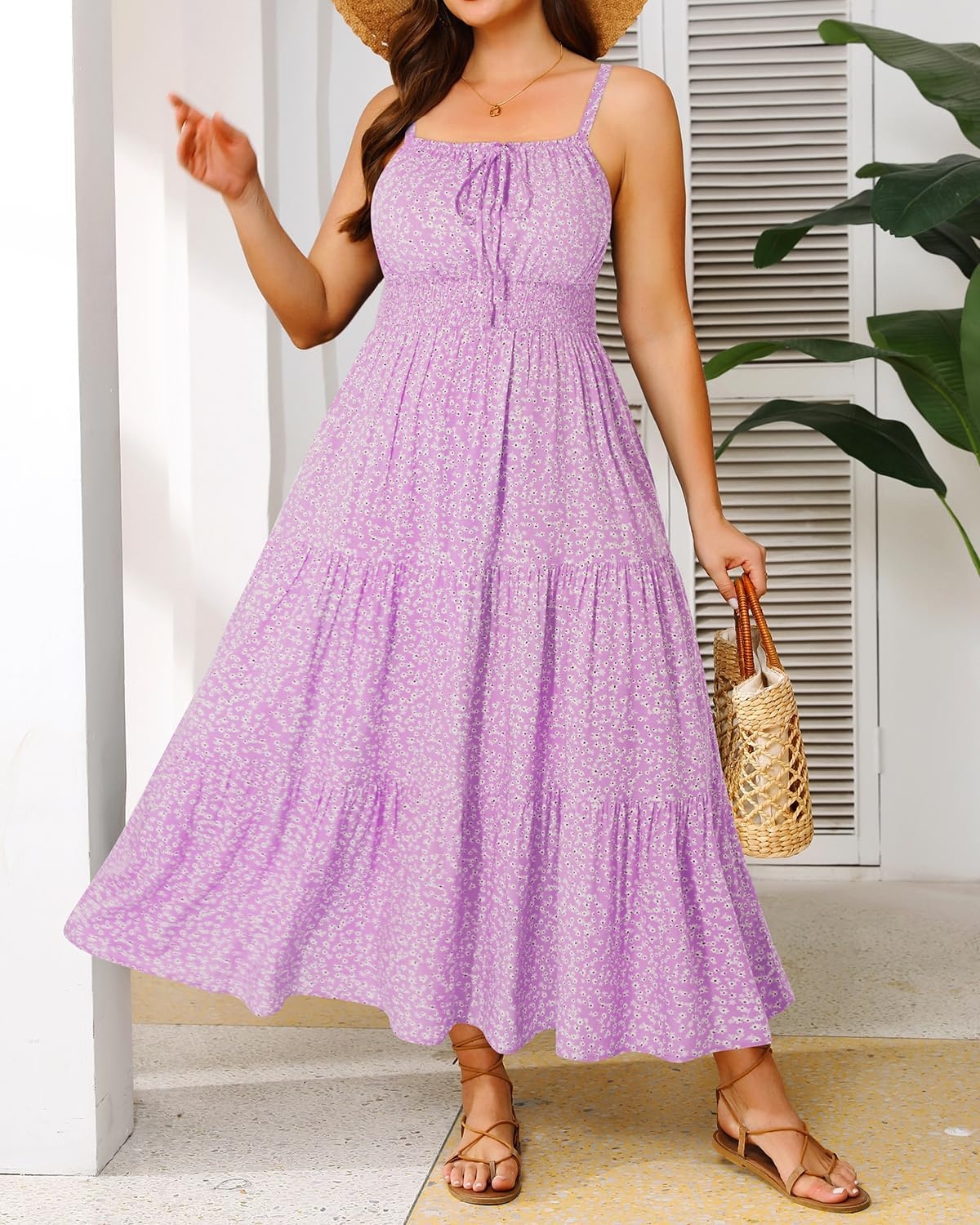 Talisea Plus Size Summer Dress – Boho Spaghetti Strap Maxi Dress Women | Casual boho long maxi sundress with pockets, adjustable spaghetti straps & flowy fit for summer beach vacation.(Purple Floral)