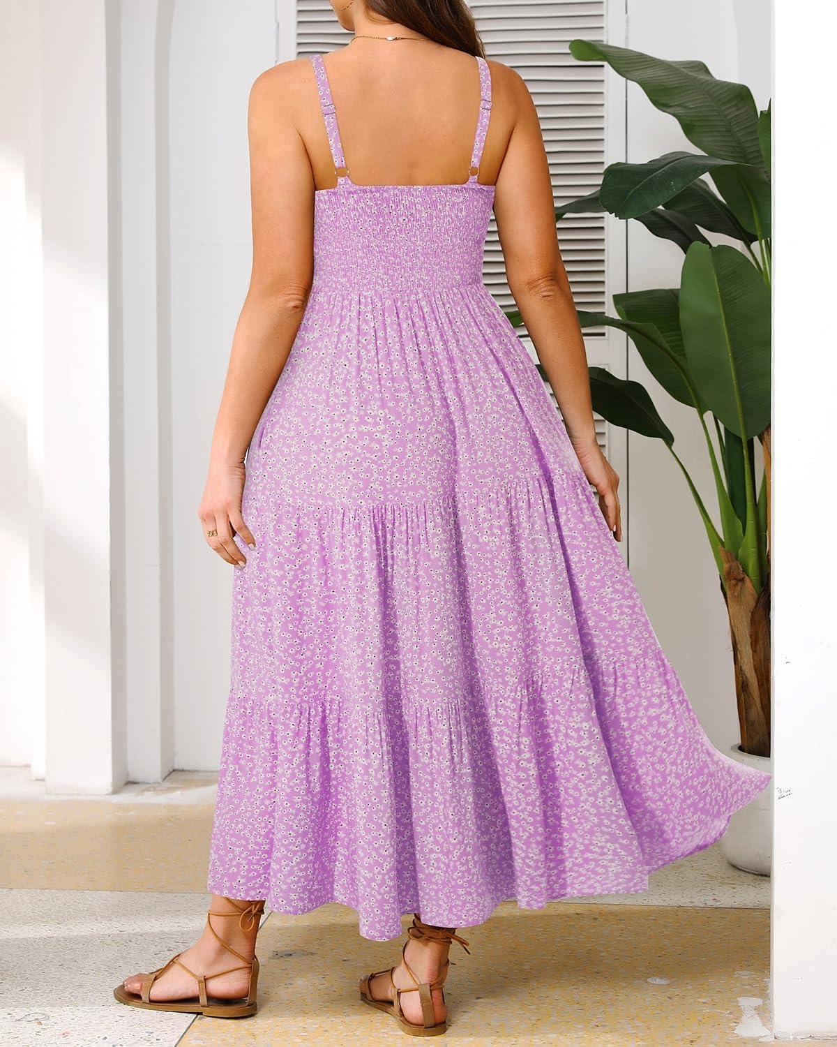 Talisea Plus Size Summer Dress – Boho Spaghetti Strap Maxi Dress Women | Casual boho long maxi sundress with pockets, adjustable spaghetti straps & flowy fit for summer beach vacation.(Purple Floral)