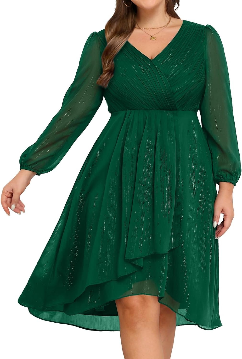 Plus Size Wedding Guest Dress – Formal Long Sleeve A Line V Neck Midi Dress | Formal fall wedding guest dress, cocktail sparkle dress, A-line pleated midi style with long sleeves & V-neck for women.(Dark Green)