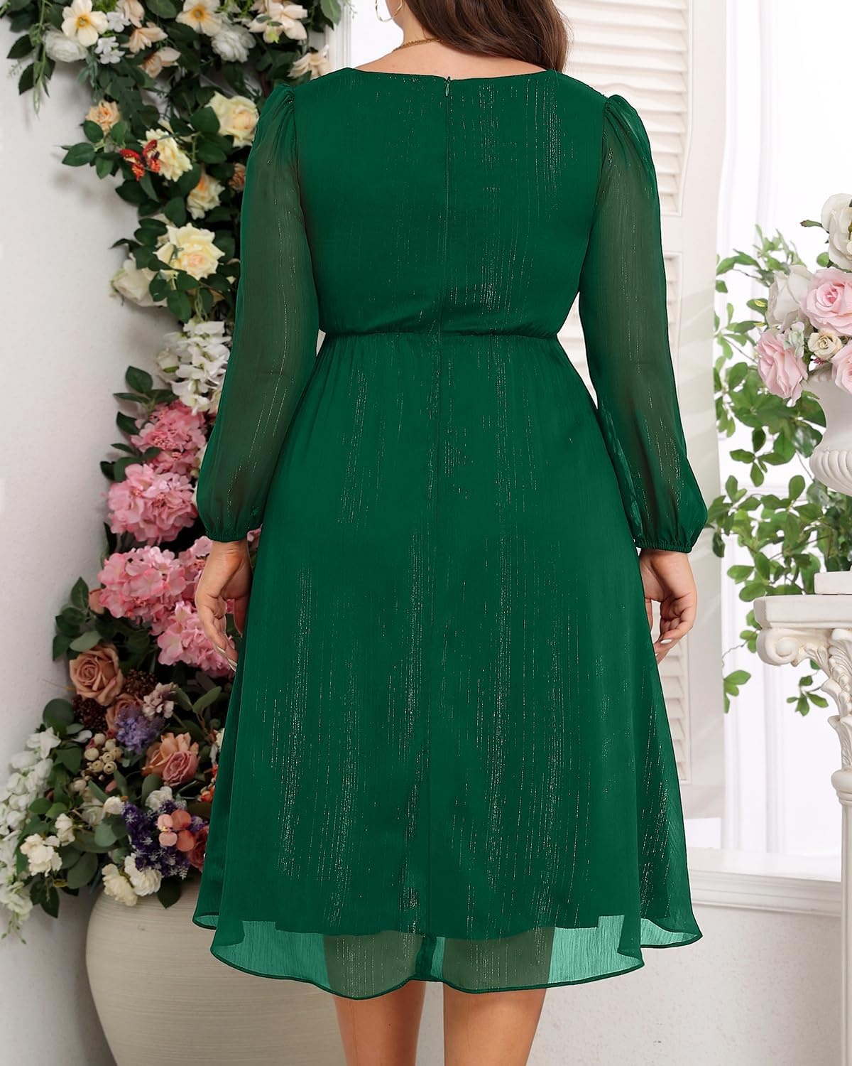 Plus Size Wedding Guest Dress – Formal Long Sleeve A Line V Neck Midi Dress | Formal fall wedding guest dress, cocktail sparkle dress, A-line pleated midi style with long sleeves & V-neck for women.(Dark Green)