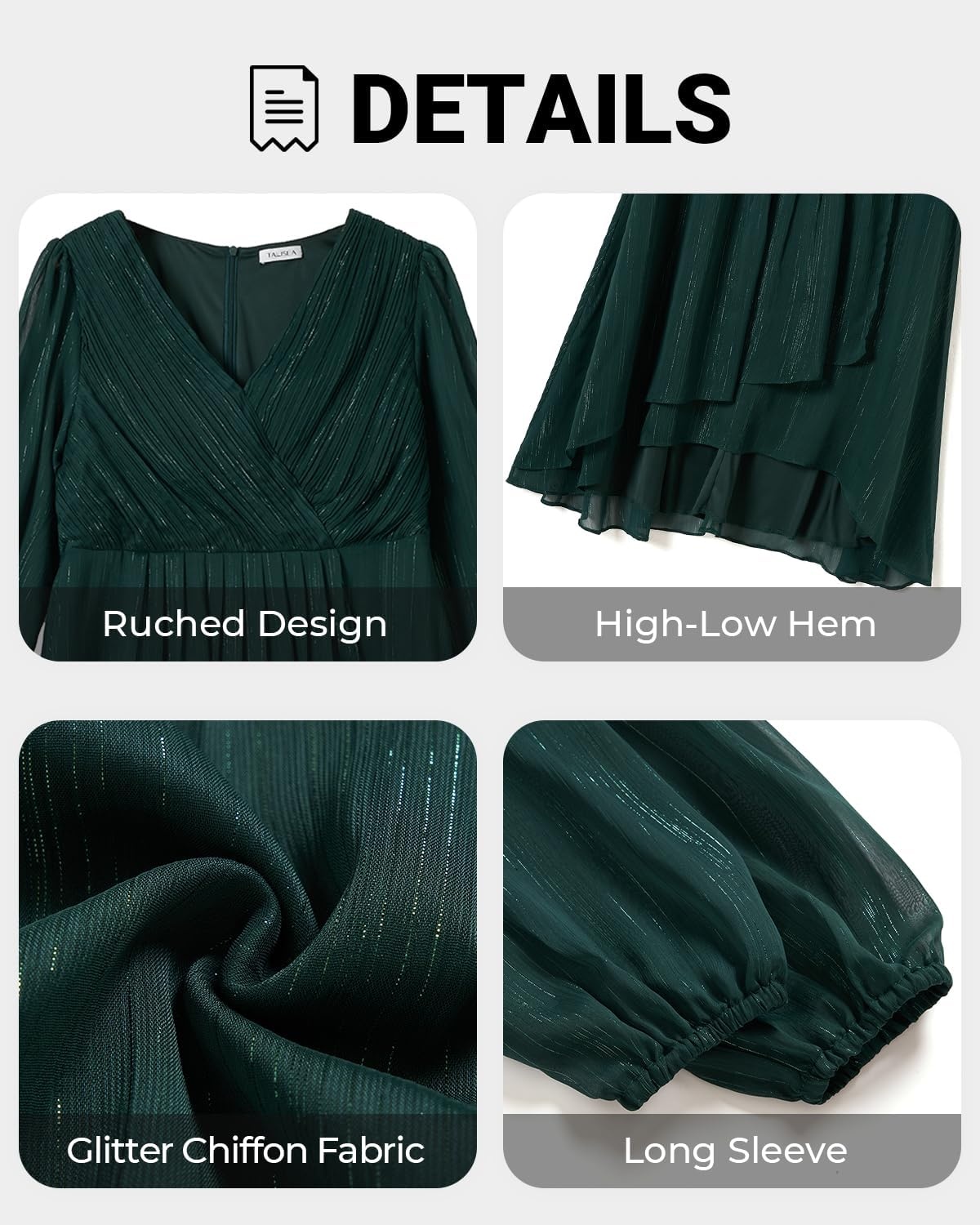 Plus Size Wedding Guest Dress – Formal Long Sleeve A Line V Neck Midi Dress | Formal fall wedding guest dress, cocktail sparkle dress, A-line pleated midi style with long sleeves & V-neck for women.(Dark Green)