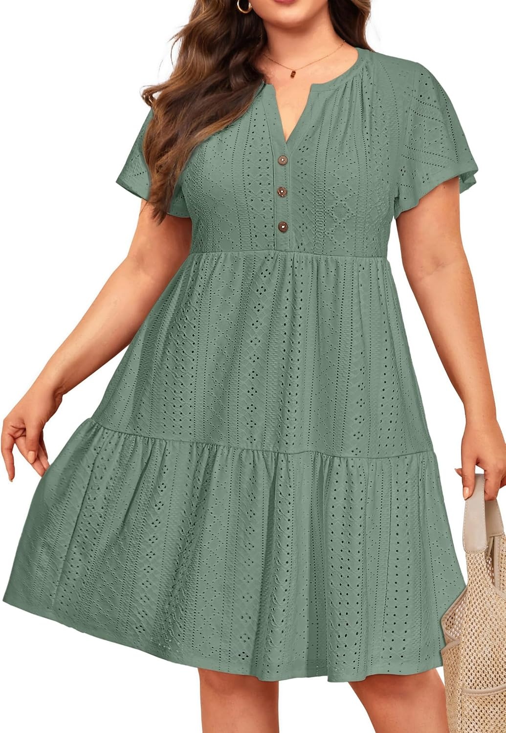 Plus Size Summer Dress Casual Boho Button Up Tiered Midi Sundress Women | Plus Size Summer Casual Dress Curvy Women Flowy Boho Beach Vacation Sundress Eyelet Short Sleeve V Neck Tiered Midi Dresses(Gray Green Eyelet)