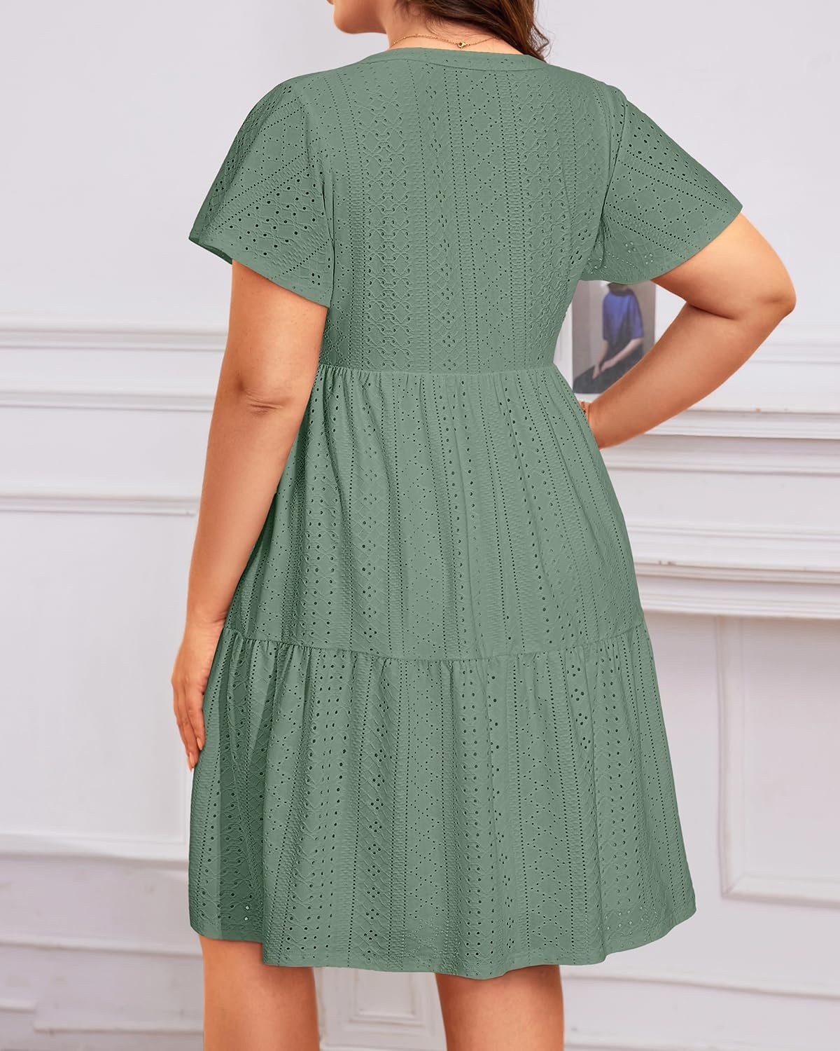Plus Size Summer Dress Casual Boho Button Up Tiered Midi Sundress Women | Plus Size Summer Casual Dress Curvy Women Flowy Boho Beach Vacation Sundress Eyelet Short Sleeve V Neck Tiered Midi Dresses(Gray Green Eyelet)