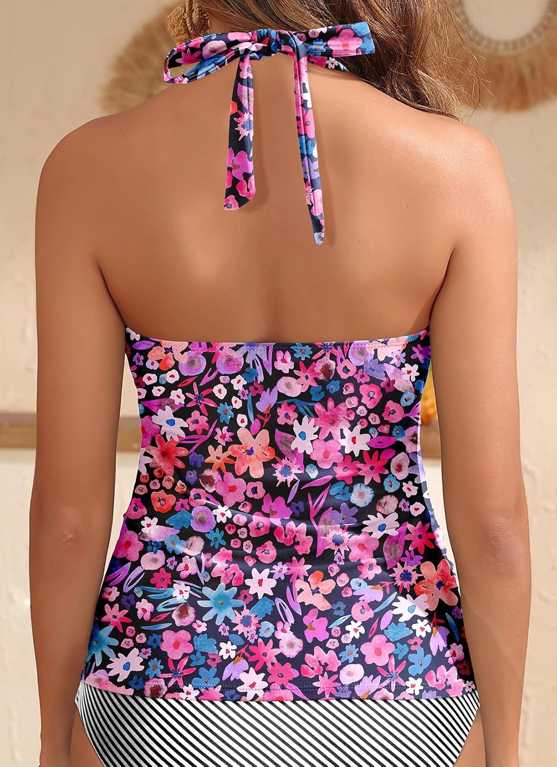 Womens Halter Tankini Tops Only – V Neck Tummy Control Swim Top Lace Up Bathing Suit Ruched Top Only No Bottom 2025(Pink Floral)