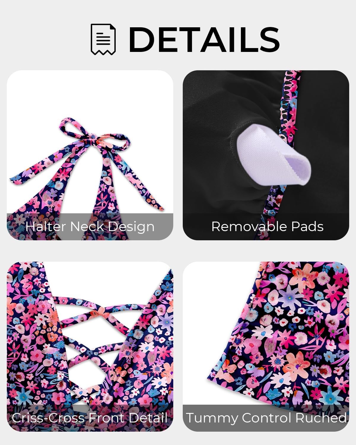 Womens Halter Tankini Tops Only – V Neck Tummy Control Swim Top Lace Up Bathing Suit Ruched Top Only No Bottom 2025(Pink Floral)