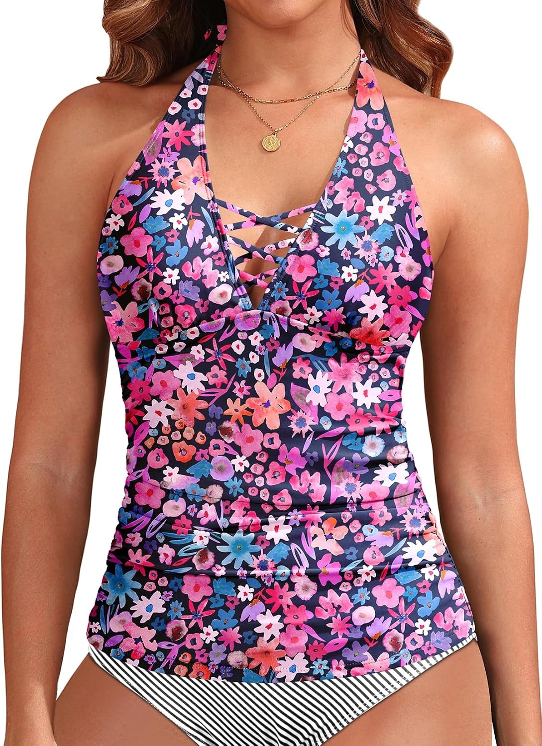 Womens Halter Tankini Tops Only – V Neck Tummy Control Swim Top Lace Up Bathing Suit Ruched Top Only No Bottom 2025(Pink Floral)