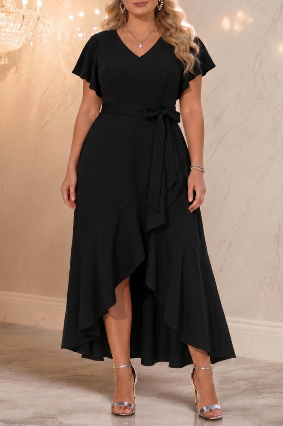 Plus Size Wedding Guest Dress -Formal Split V Neck Maxi Dress for Women | Formal cocktail party maxi dress,long dress with belt,ruffle V-neck with high-low split hem for curvy women.(Black)