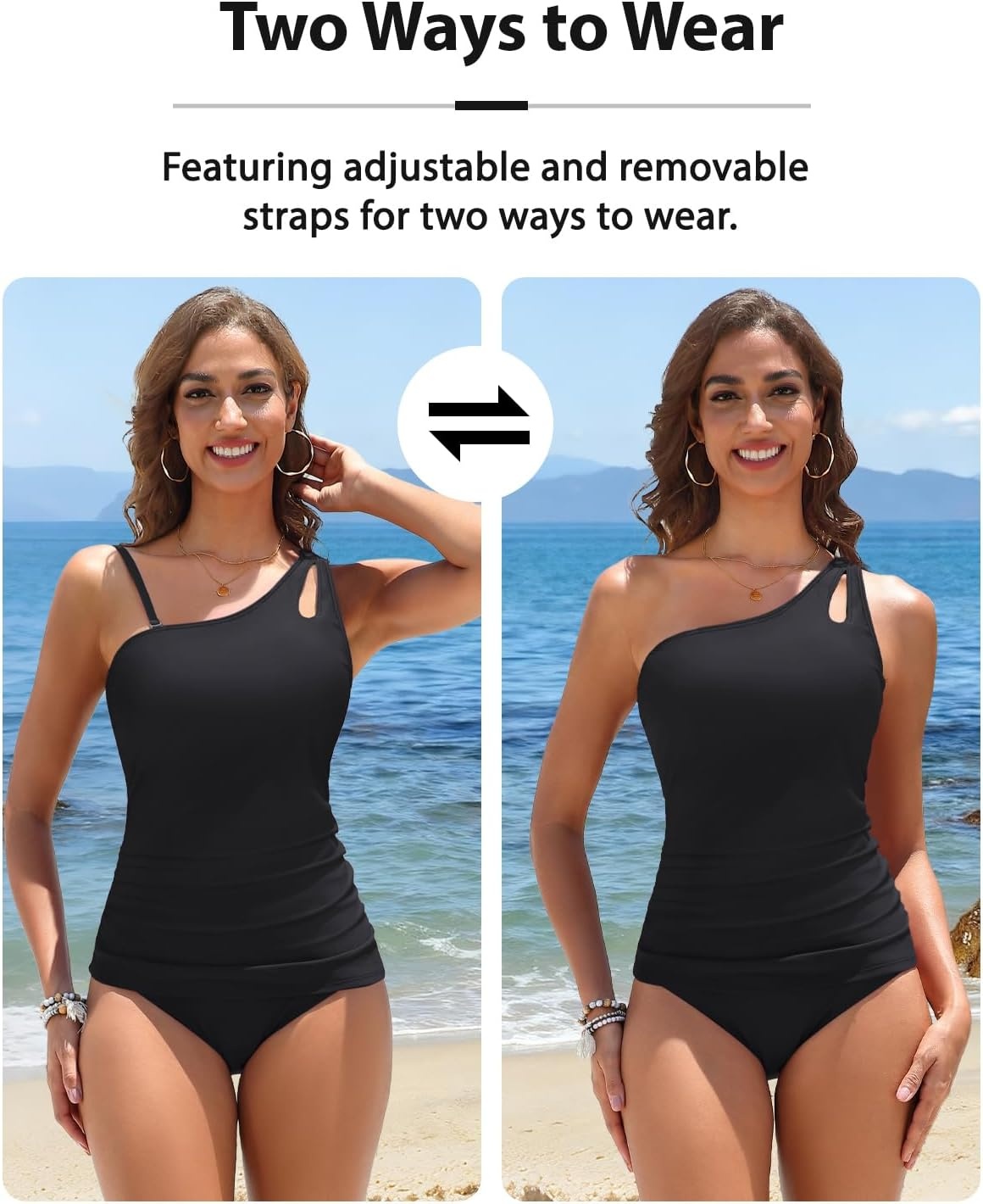 Talisea Two Piece Tankini Bathing Suit One Shoulder Swimsuit for Women Tummy Control Swimwear(Black)
