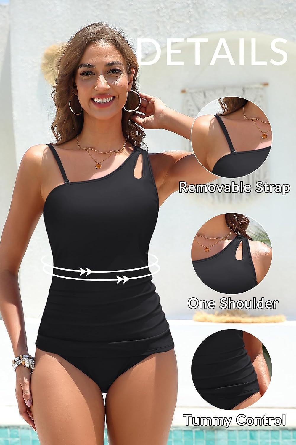 Talisea Two Piece Tankini Bathing Suit One Shoulder Swimsuit for Women Tummy Control Swimwear(Black)