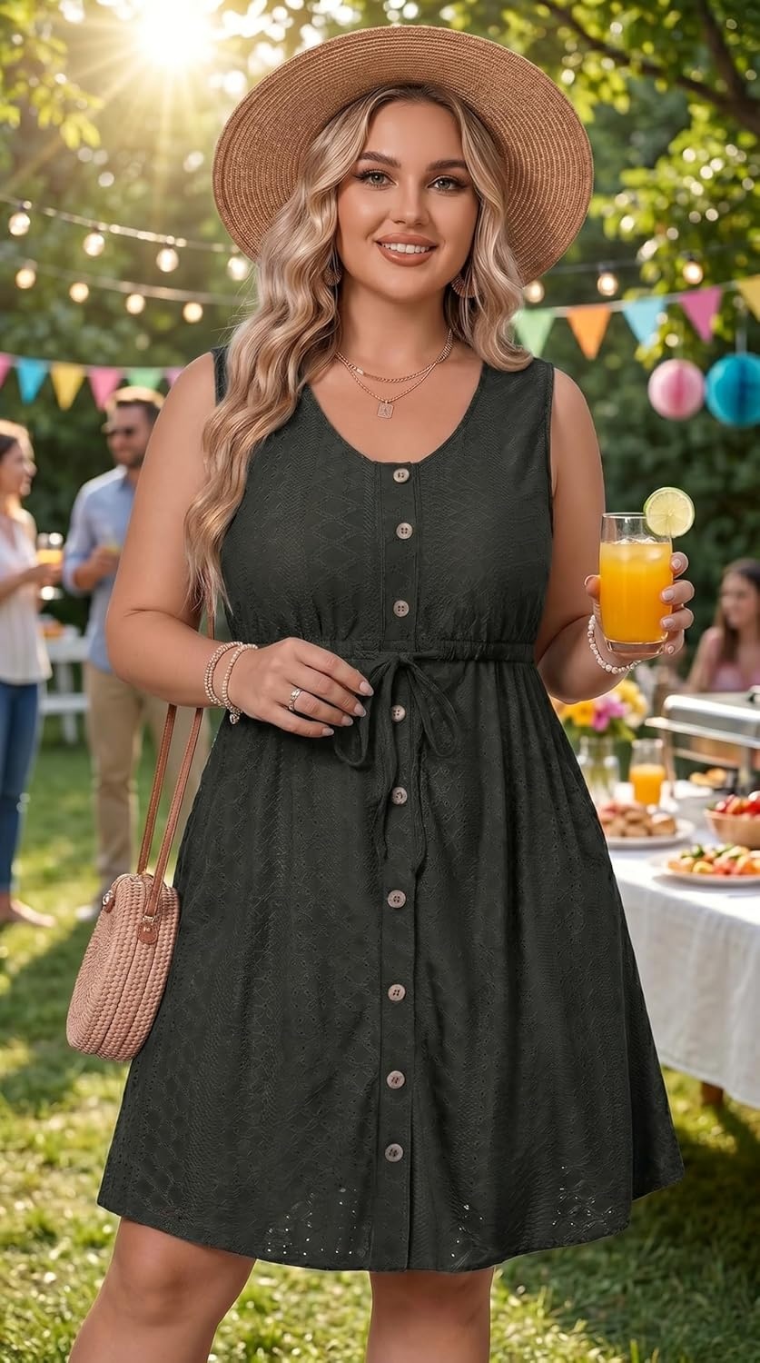 Talisea Plus Size Summer Dresses – Casual Beach Eyelet Sleeveless Tank V Neck Button Down Swing Short Sundress Pockets Women(Black)