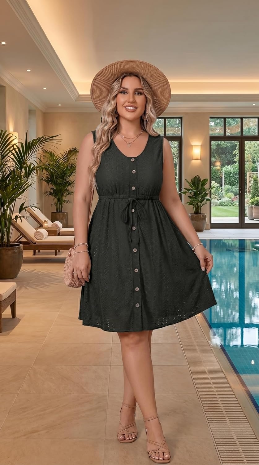 Talisea Plus Size Summer Dresses – Casual Beach Eyelet Sleeveless Tank V Neck Button Down Swing Short Sundress Pockets Women(Black)