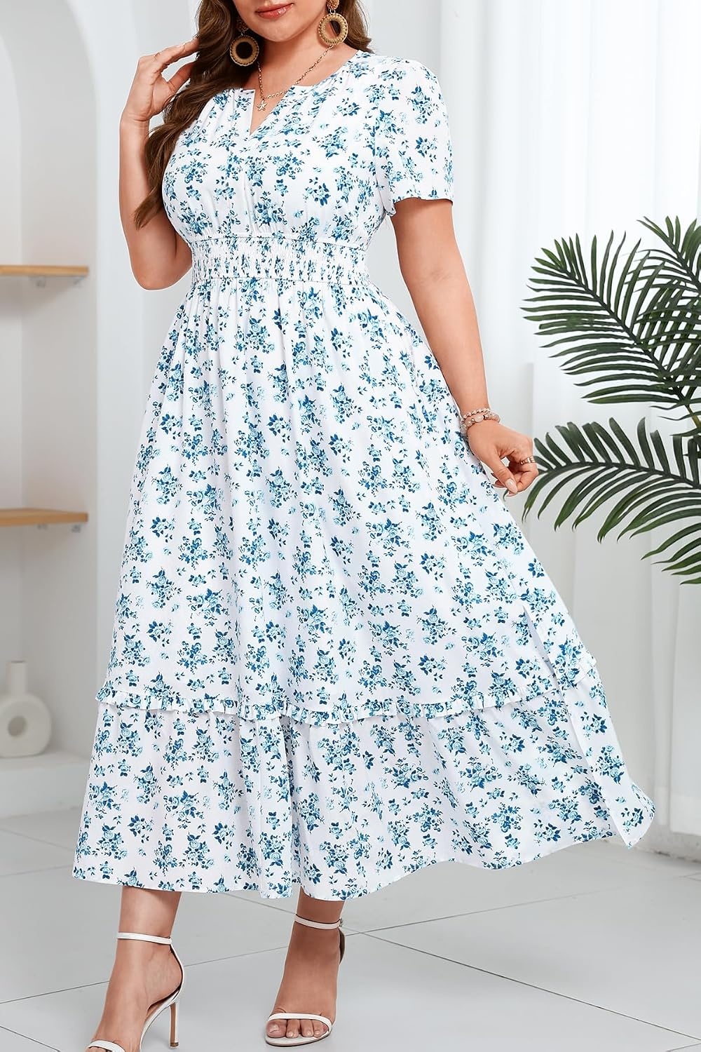 Talisea Plus Size Summer Dresses – Casual Boho Cotton Long Maxi Dress Women(Blue White Floral)