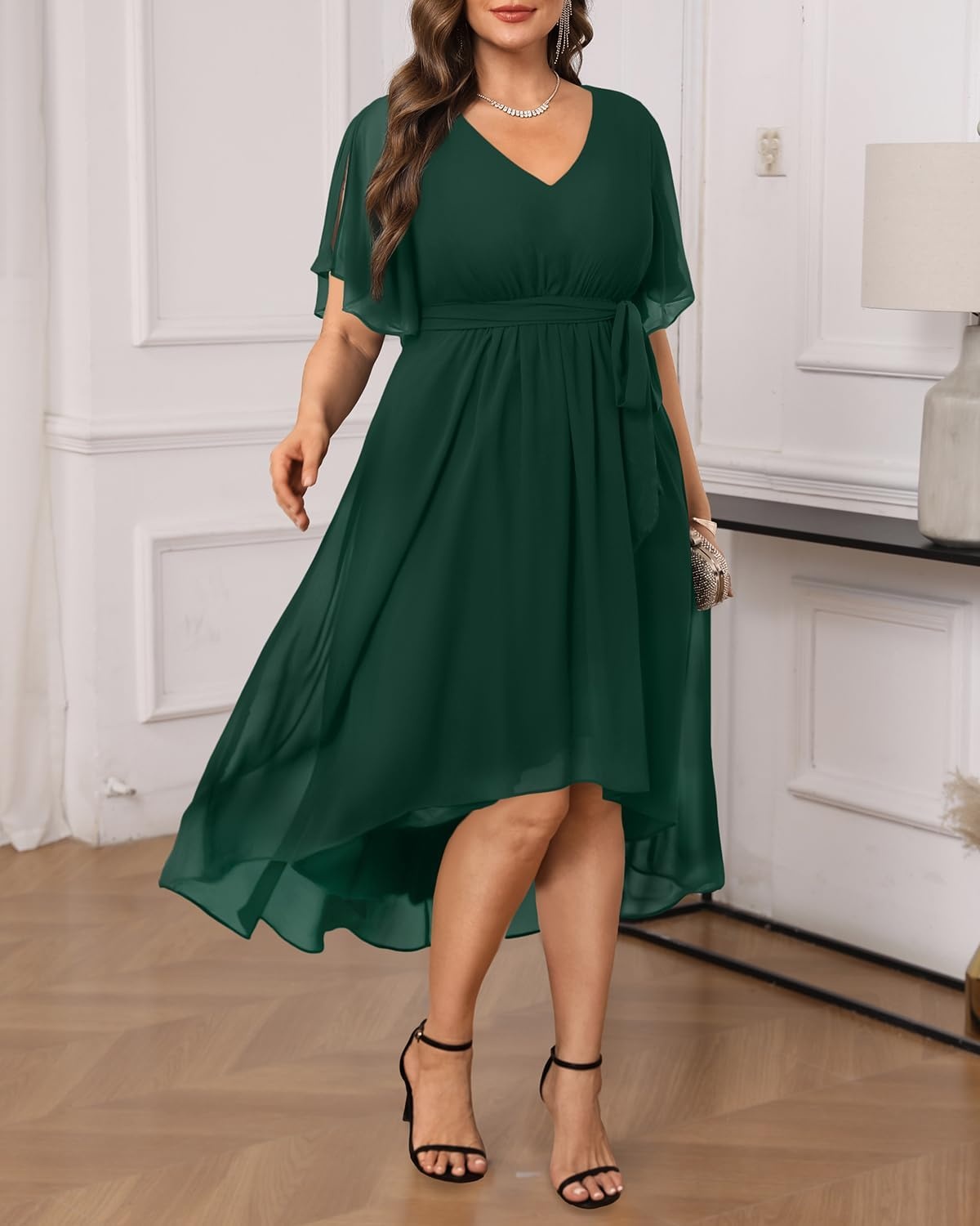 Talisea Plus Size Dresses Wedding Guest – Formal Cocktail Chiffon V Neck Short Sleeve High Low Dress Curvy Women(Dark Green)