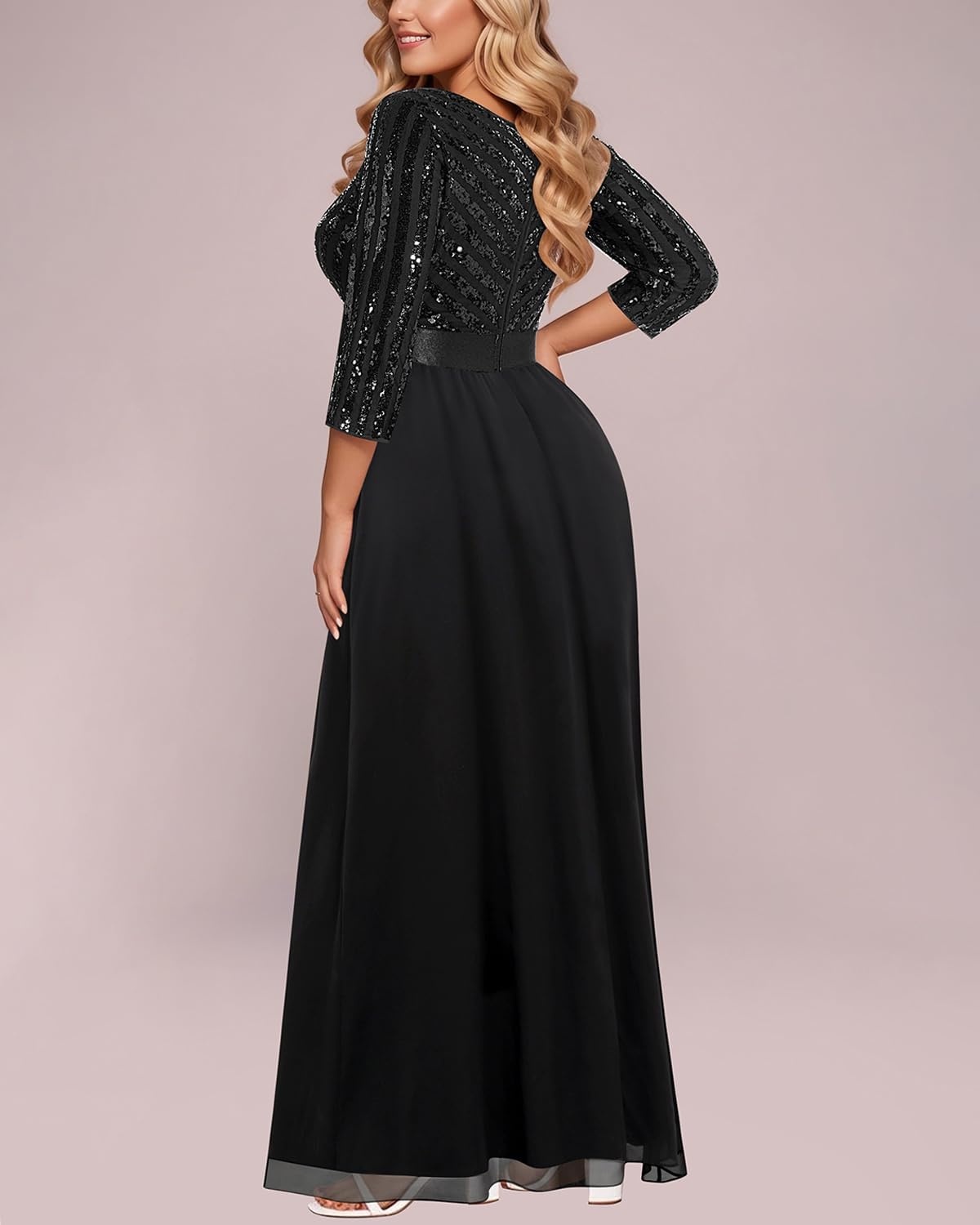Plus Size Formal Dresses V Neck 3/4 Sleeve Sequin Prom Evening Maxi Dress | Sequin fabric, V neck 3/4 sleeve design, plus size formal prom wedding guest evening dress(Black)