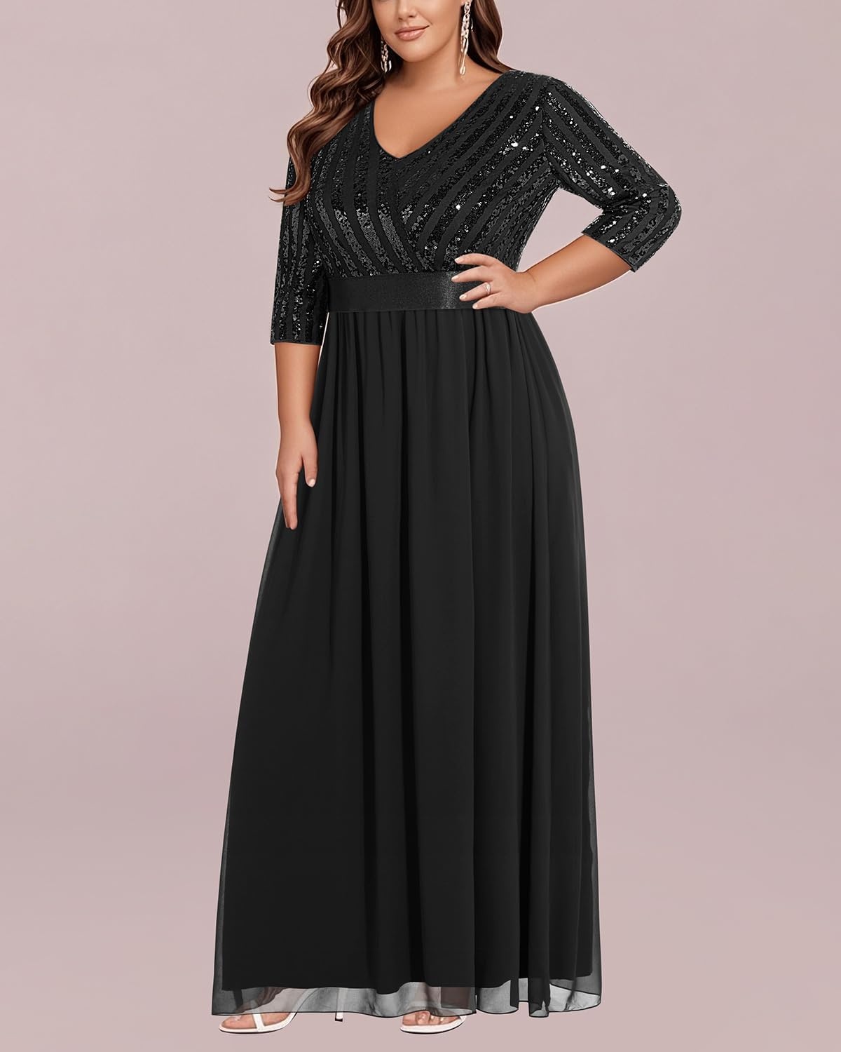 Plus Size Formal Dresses V Neck 3/4 Sleeve Sequin Prom Evening Maxi Dress | Sequin fabric, V neck 3/4 sleeve design, plus size formal prom wedding guest evening dress(Black)