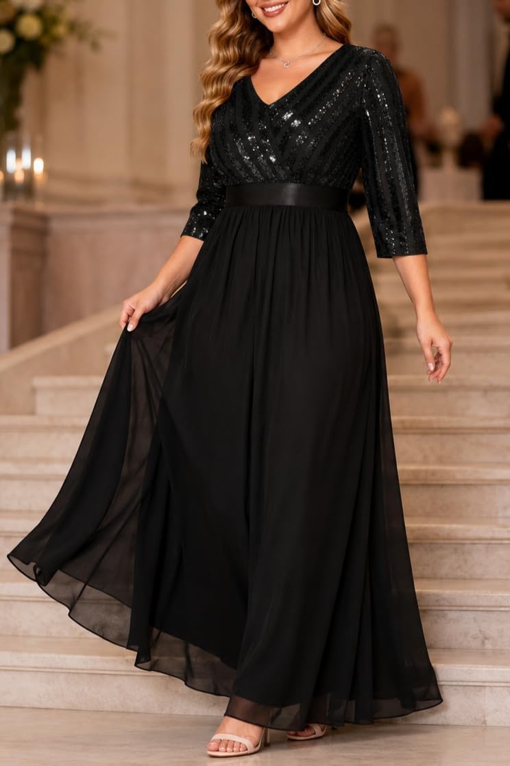 Plus Size Formal Dresses V Neck 3/4 Sleeve Sequin Prom Evening Maxi Dress | Sequin fabric, V neck 3/4 sleeve design, plus size formal prom wedding guest evening dress(Black)