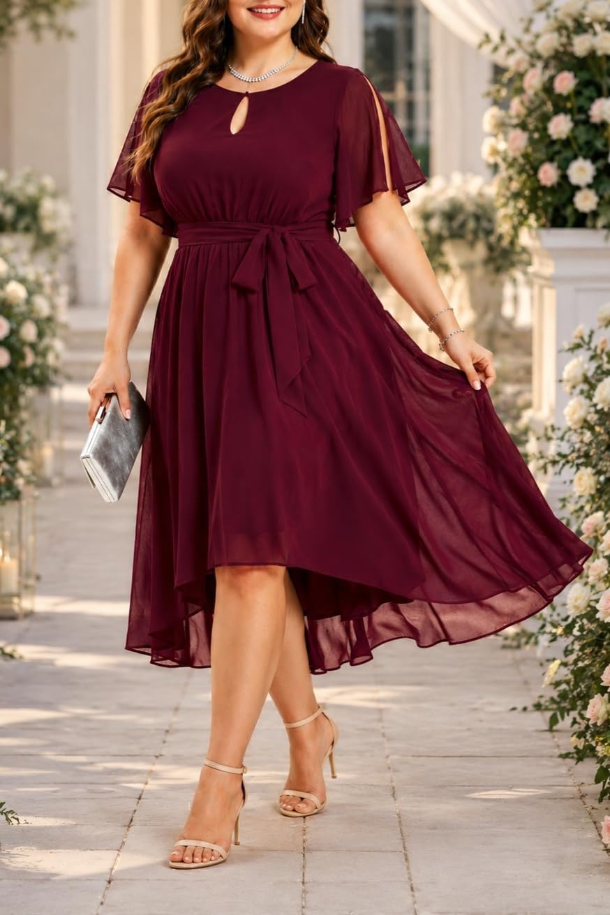 Talisea Plus Size Dresses Wedding Guest – Formal Cocktail Chiffon Keyhole Neck Short Sleeve High Low Dress Curvy Women(Burgundy)