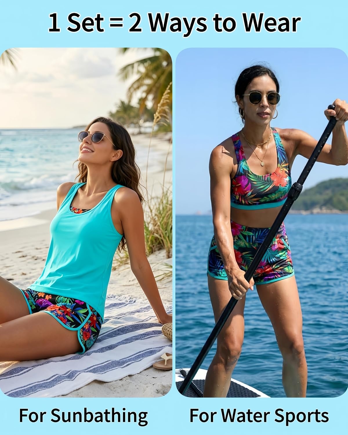 Talisea 3 Piece Tankini with Shorts – Modest Swimsuit Tummy Control Bathing Suits Athletic Sports Swimwear with Pockets(Aqua Colorful Floral)