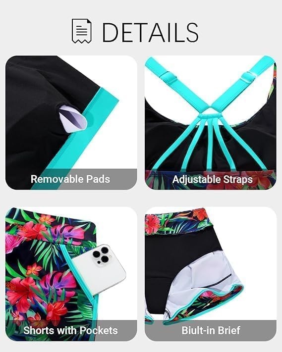 Talisea 3 Piece Tankini with Shorts – Modest Swimsuit Tummy Control Bathing Suits Athletic Sports Swimwear with Pockets(Aqua Colorful Floral)