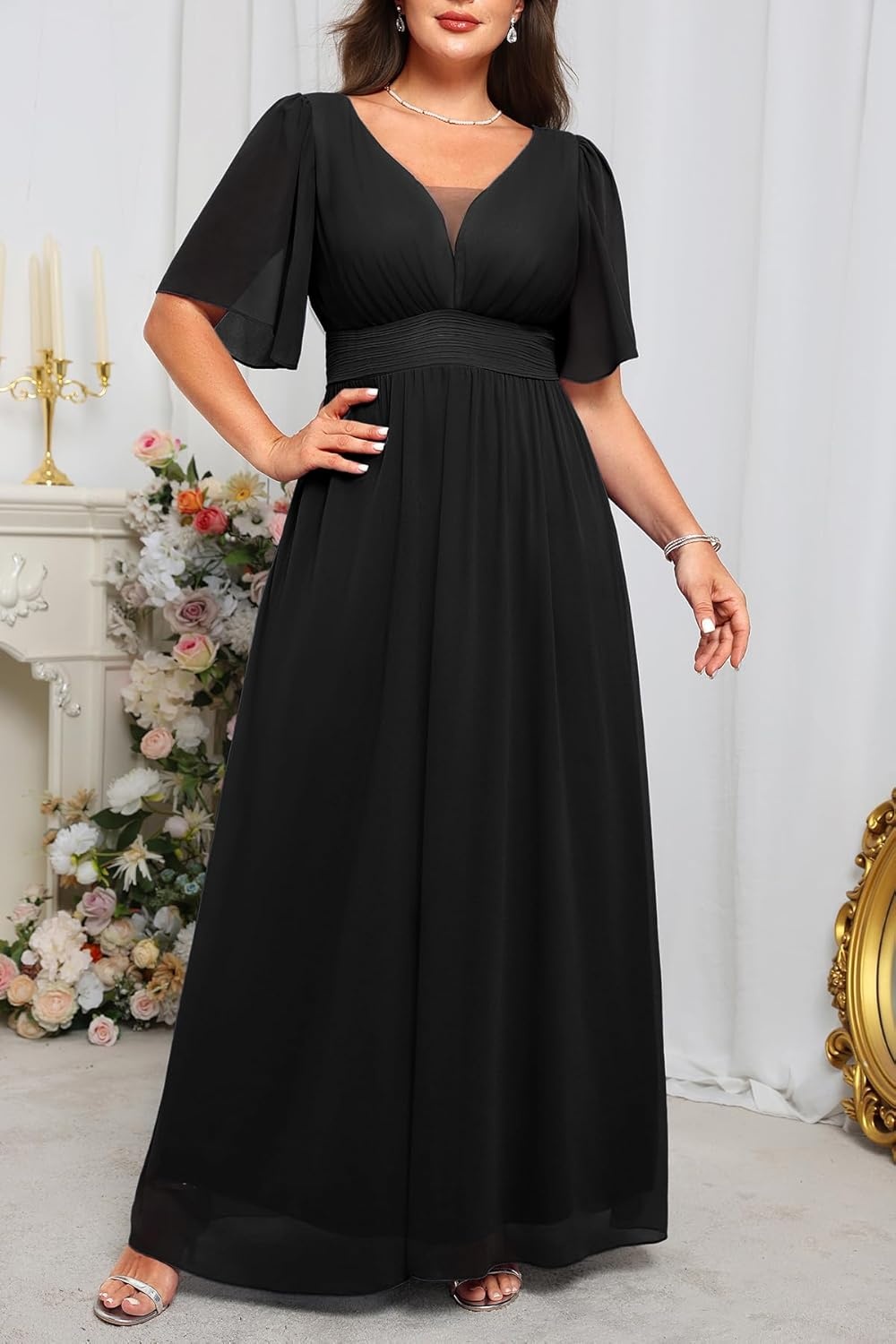 Talisea Plus Size Formal Dresses – V Neck Flutter Sleeves Evening Gowns Bridesmaid Wedding Guest Chiffon Long Maxi Dress(Black)