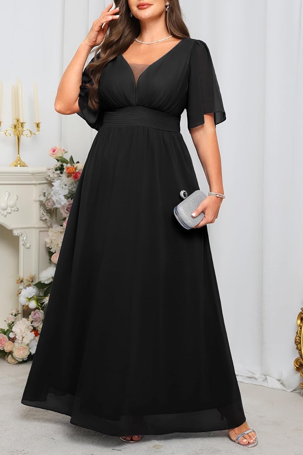 Talisea Plus Size Formal Dresses – V Neck Flutter Sleeves Evening Gowns Bridesmaid Wedding Guest Chiffon Long Maxi Dress(Black)