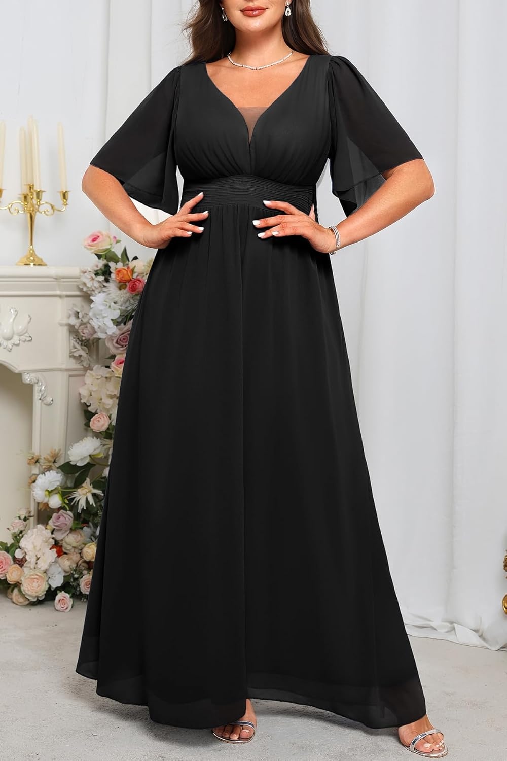 Talisea Plus Size Formal Dresses – V Neck Flutter Sleeves Evening Gowns Bridesmaid Wedding Guest Chiffon Long Maxi Dress(Black)
