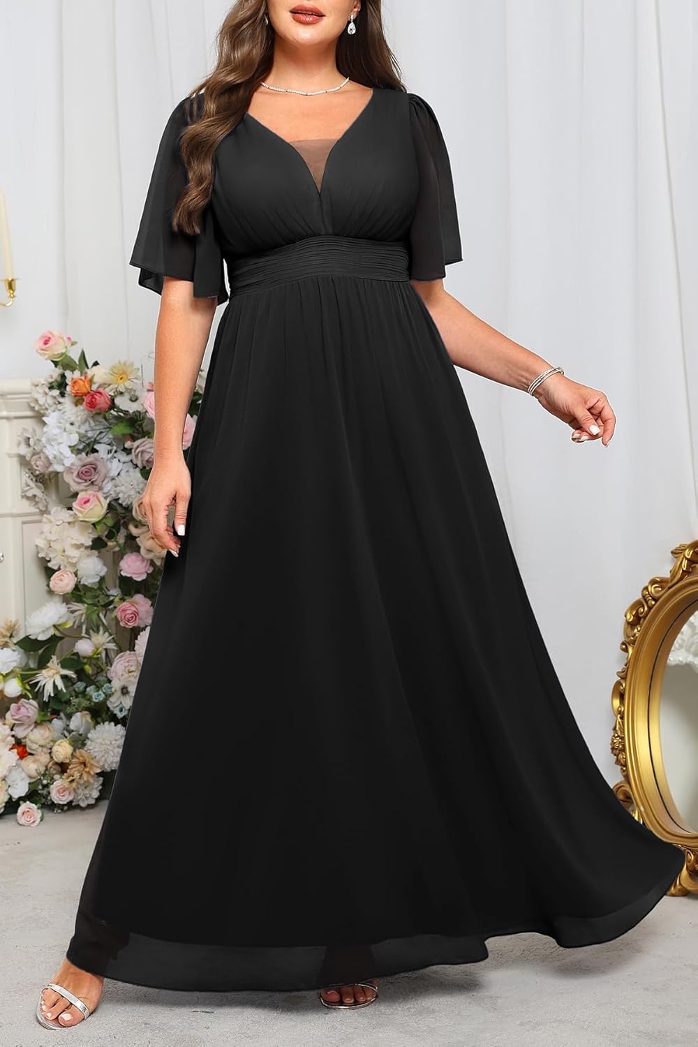 Talisea Plus Size Formal Dresses – V Neck Flutter Sleeves Evening Gowns Bridesmaid Wedding Guest Chiffon Long Maxi Dress(Black)