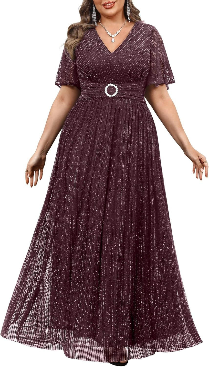 Plus Size Formal Dresses – Wedding Guest Evening Gown Sparkly Sequin Prom Gala Ball Maxi Dress with Short Sleeves(Burgundy Purple)