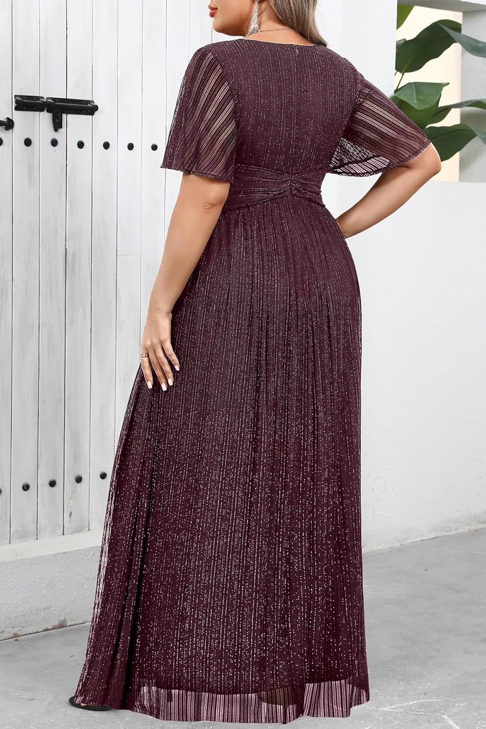 Plus Size Formal Dresses – Wedding Guest Evening Gown Sparkly Sequin Prom Gala Ball Maxi Dress with Short Sleeves(Burgundy Purple)
