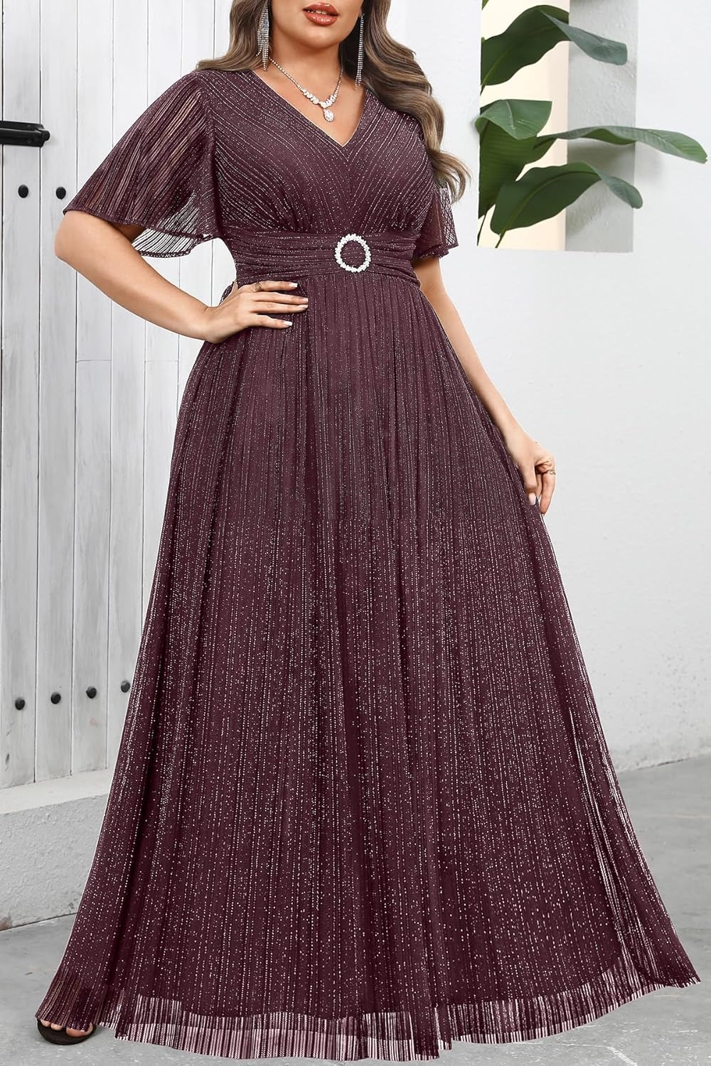 Plus Size Formal Dresses – Wedding Guest Evening Gown Sparkly Sequin Prom Gala Ball Maxi Dress with Short Sleeves(Burgundy Purple)